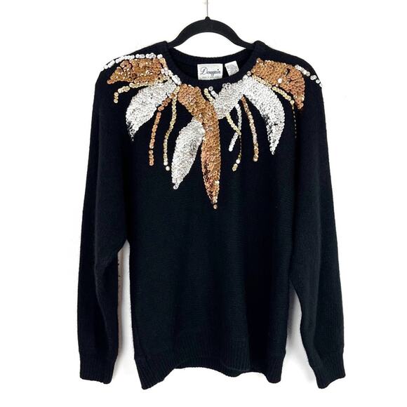 Vintage 90s Sweater Black Angora Silk Lambswool Sequin Design Dolman Sleeve - Picture 3 of 7